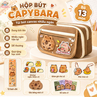 Hộp bút Capybara – Túi bút canvas nhiều ngăn, dung tích lớn – Dễ thương –Quà tặng học sinh–Kèm sticker,móc,gấu bông mini