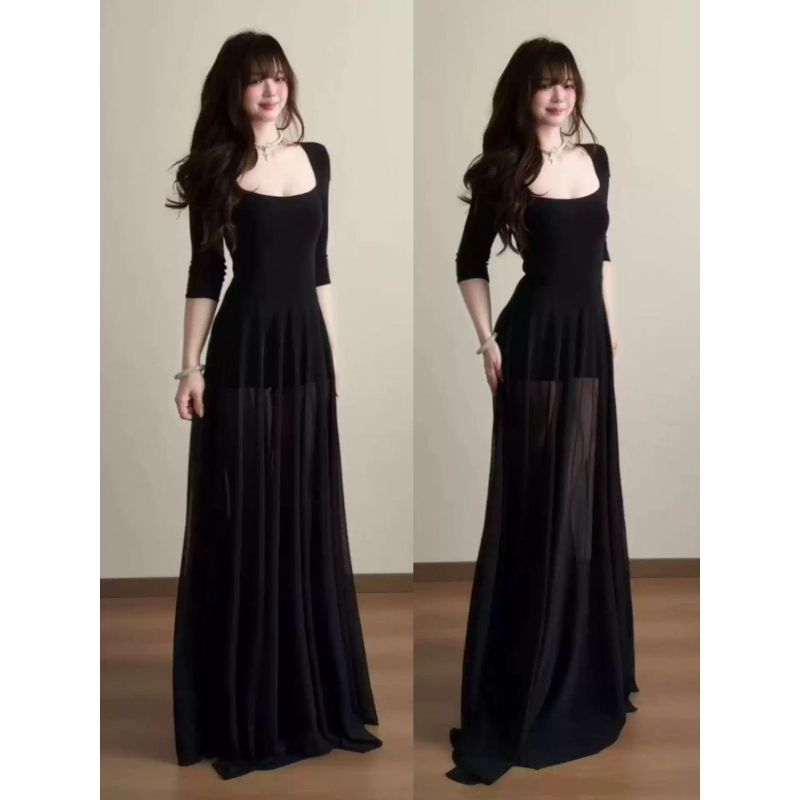 [Mặc nhỏ dễ thương] Váy gạc cổ vuông thuần khiết của Pháp Hot Girl màu đen Slim-fit Hip-packed Phiên bản dài mùa hè Slimmer Look Váy dài