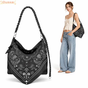 Túi đeo vai OUSXA Paisley, Túi đeo chéo sức chứa lớn bằng vải Nylon, Túi Tote đi lại in hình hạt điều thông thường thời trang