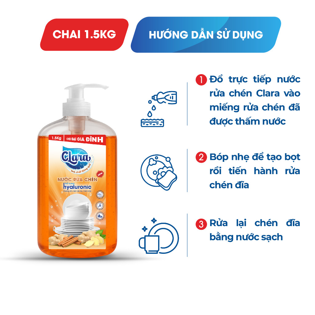 Nước Rửa Chén Clara Tinh Chất Gừng Quế 1,5kg NRCQG04, Nước Rửa Bát Hương Thơm Lành Tính Đánh Bay Dầu Mỡ Hàng Chính Hãng