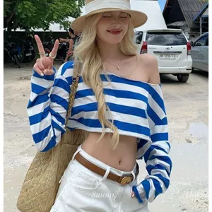 Hot Girl Pure Desire Style Áo thun dài tay sọc xanh trắng gợi cảm dành cho nữ Thiết kế mùa hè Áo thun ngắn gọn hơn