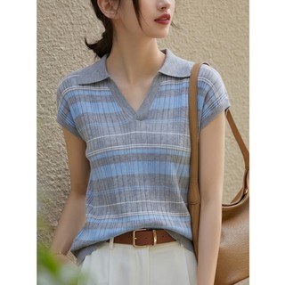 Pháp Sọc Cổ POLO Dệt Kim Tay Ngắn Thoải Mái Thoáng Khí Tính Khí Nhẹ Nhàng Khí Hàng Ngày Phù Hợp Với Áo Thun Mới Top