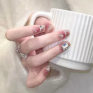 Miếng Làm Móng Tay Dễ Thương Ngọt Ngào Thời Trang Mắt Mèo Bướm Nhấp Nháy Kim Cương Ngắn Vuông Đeo Móng Tay