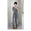 Quần yếm Denim dáng rộng thông thường ngọt ngào phong cách Hàn Quốc