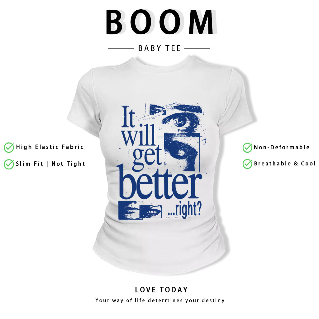 BOOM Áo Baby Tee Nữ Cotton Ôm Body-Áo Thun Ngắn Tay Y2K In Hình PhongCách Mùa Hè, Cổ Tròn Hàng Đầucách hàn quốc phongV11