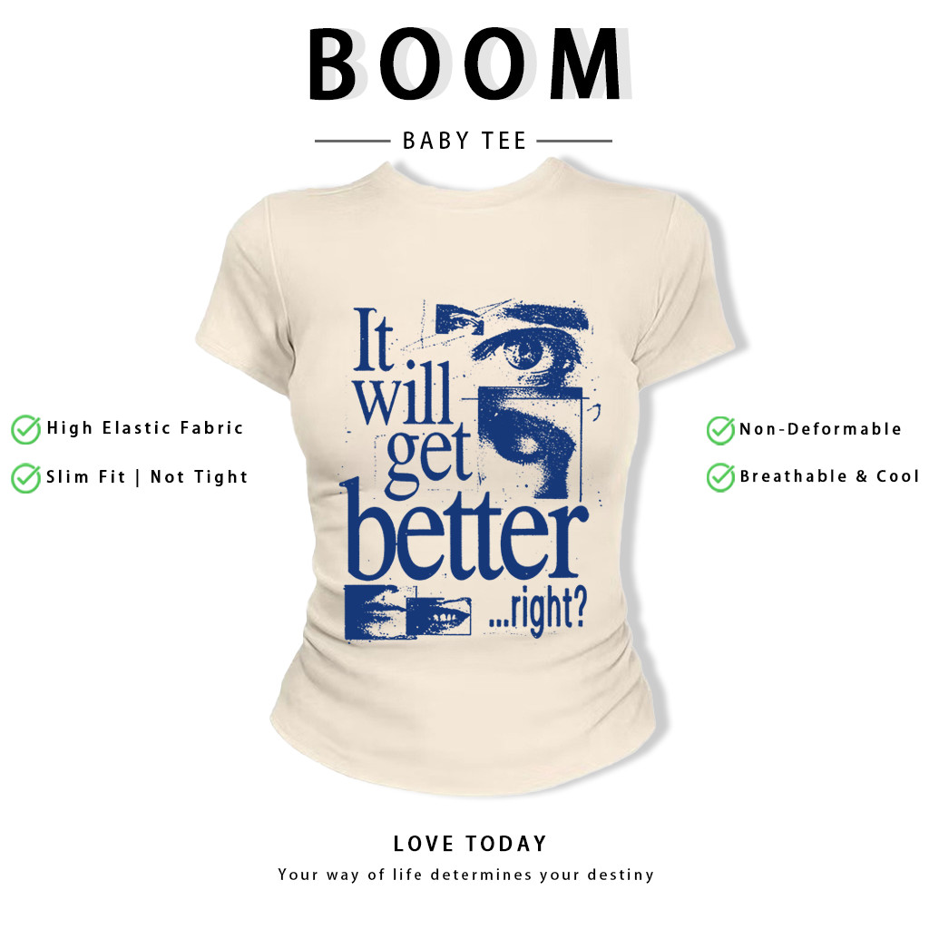 BOOM Áo Baby Tee Nữ Cotton Ôm Body-Áo Thun Ngắn Tay Y2K In Hình PhongCách Mùa Hè, Cổ Tròn Hàng Đầucách hàn quốc phongV11