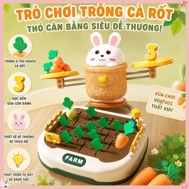 Bộ đồ Chơi Nhổ Cà Rốt Nông Trại – Kèm Cân Thỏ Cân Bằng, Giúp Bé Rèn Luyện Tư Duy Logic, An Toàn