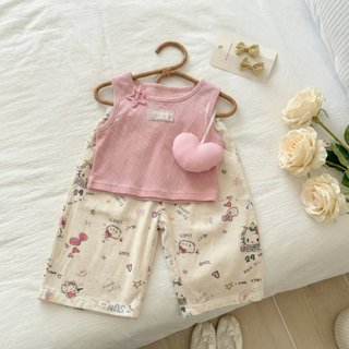 Áo Vest ngôi sao màu hồng mùa hè cho bé gái + Quần Graffiti cho mèo Áo không tay màu hồng + Quần thường ngày dễ thương Bộ đồ hai mảnh