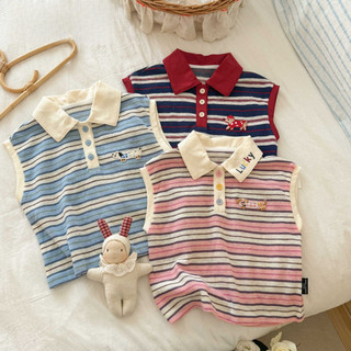 Áo Sơ Mi POLO Sọc Bé Gái Thời Trang Trẻ Em Hoạt Hình Ve Áo Dễ Thương Không Tay Top