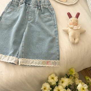 Mùa Hè Mỏng Phong Cách Thoáng Khí Bé Gái Denim Crop Quần Bé Gái Ren Trang Trí Co Giãn Eo Trẻ Em Rời Quần Thường Ngày