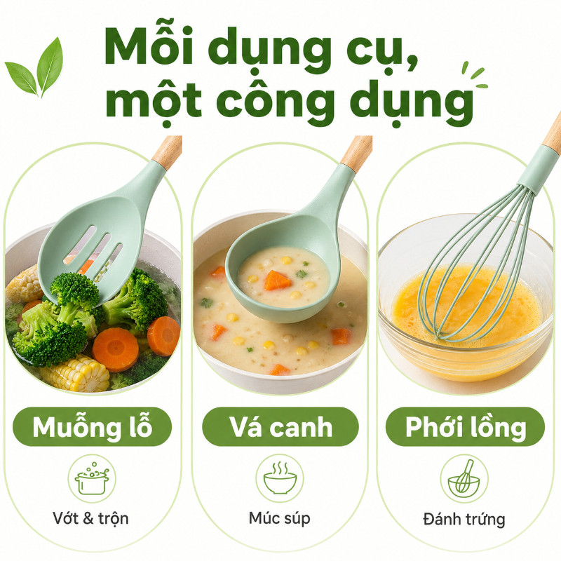 Bộ 19 Món Dao Kéo & Dụng Cụ Nhà Bếp Cao Cấp - Silicon & Thép Không Gỉ, Cán Gỗ, Tặng Kèm Thớt
