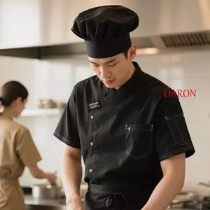 Đồng phục đầu bếp DARON, Áo khoác đầu bếp ngắn tay lưới thoáng khí, Quần áo làm việc đầu bếp dày màu đen bền bỉ