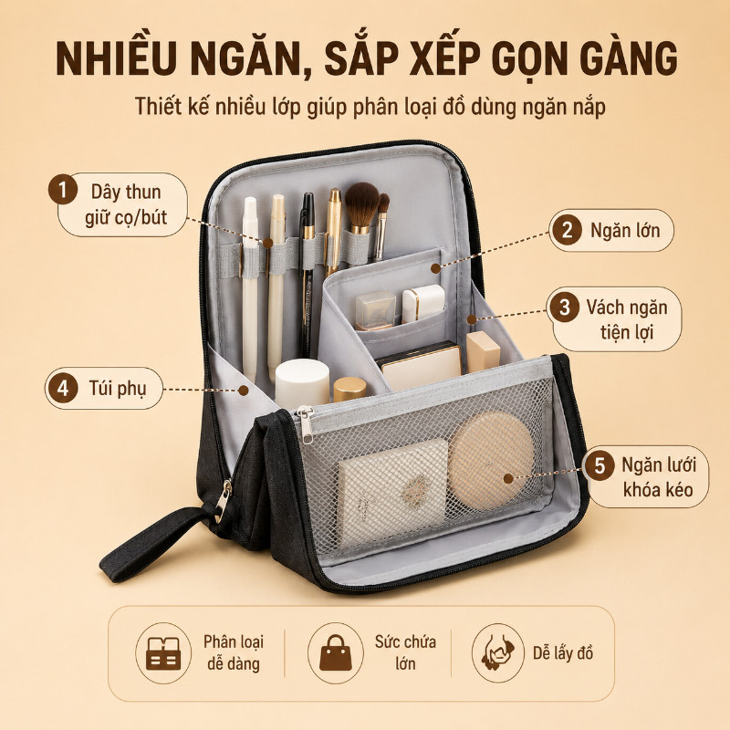 Hộp đựng bút sáng tạo dung tích lớn có ngăn chia túi đựng mỹ phẩm du lịch tiện mang theo