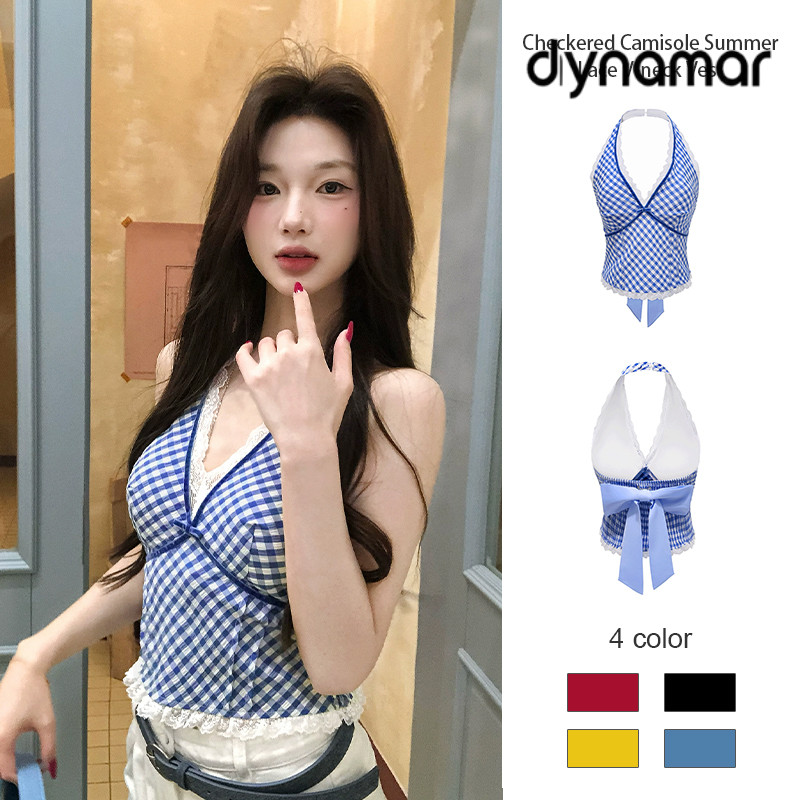 【dynamar】Áo hai dây kẻ caro nữ mùa hè, phối ren, cổ chữ V, kiểu dáng gợi cảm, quyến rũ.