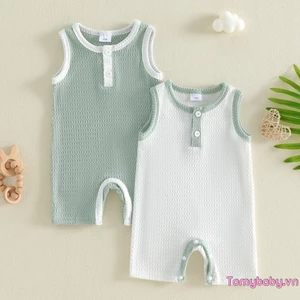 2 Bộ áo liền quần mùa hè cho bé trai có họa tiết bề mặt tương phản Nút viền cổ tròn Bộ áo liền quần không tay