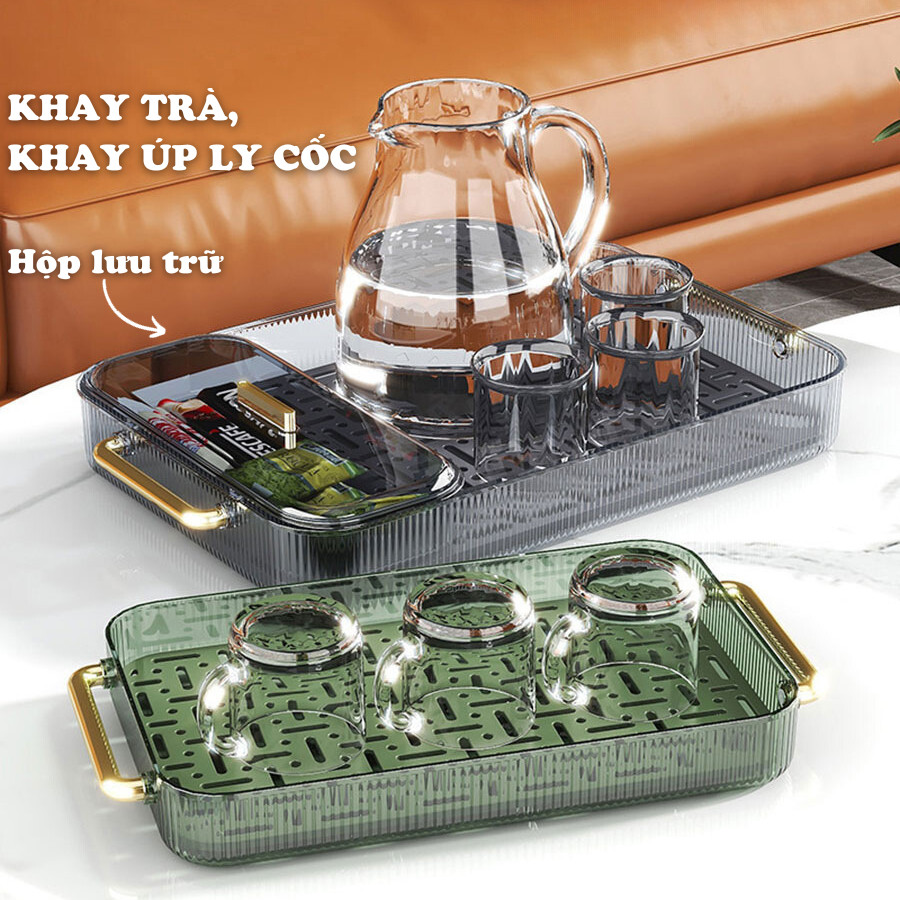 Khay Úp Ly Cốc Trong Suốt 2 Tầng HomeMate Bằng Acrylic Cao Cấp, Khay Trà Thoát Nước Kèm Hộp Đựng Trà Cafe Đa Năng