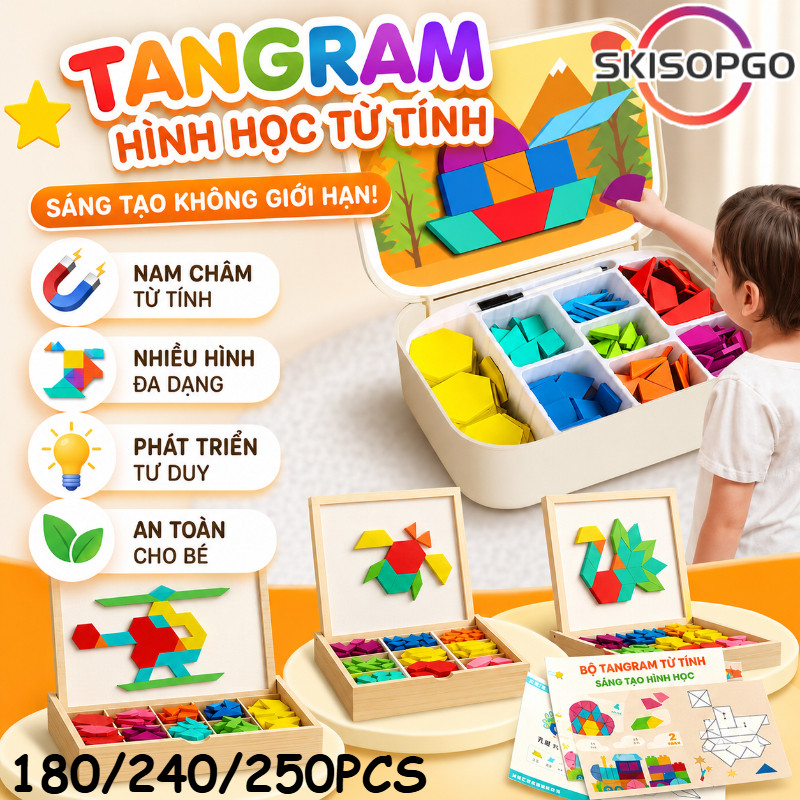 【SKISOPGO】Đồ Chơi Xếp Hình Nam Châm Tangram,Cho Bé,Đồ Chơi Miếng Ghép Hình Học Sáng Tạo,Bộ Đồ Chơi 180/250