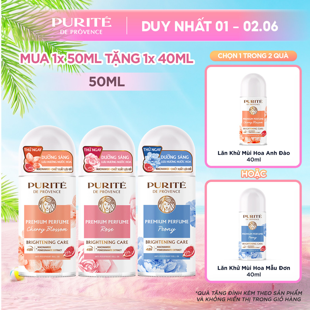Combo Lăn Khử Mùi Dưỡng Sáng Hương Nước Hoa Cao Cấp Purité 50ML và Lăn Khử Mùi Dưỡng Sáng 40ML