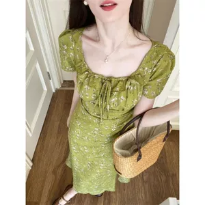 Váy ngắn hoa màu xanh lá cây khí chất Pháp dành cho nữ Thiết kế cổ điển eo cao ôm hơn Váy dài vừa phải