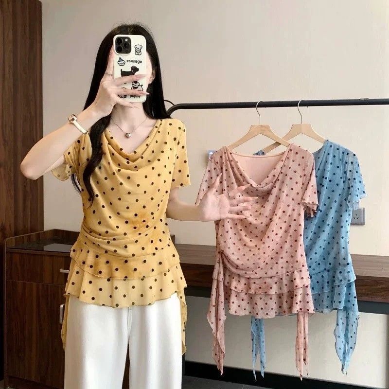 Milyfashion Cổ Xoay Chấm Bi Không Đều Lá Sen Khâu Áo Thun Tay Ngắn Mùa Hè Phong Cách Mới Mỏng