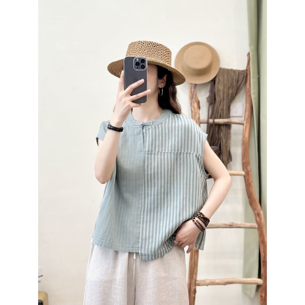 [Hàng có sẵn] Áo sơ mi nữ Cotton chất lượng cao Khâu sọc, Áo chui đầu viền không đều, Tay ngắn