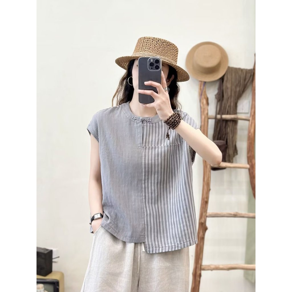 [Hàng có sẵn] Áo sơ mi nữ Cotton chất lượng cao Khâu sọc, Áo chui đầu viền không đều, Tay ngắn