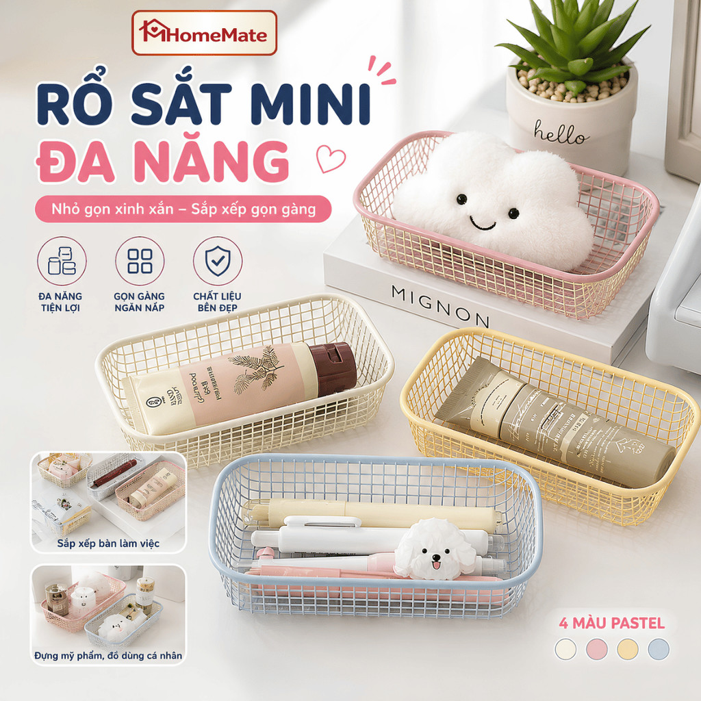 Rổ Sắt Mini Để Bàn HomeMate Đa Năng, Giỏ Lưới Đựng Bút, Cọ Makeup, Mỹ Phẩm, Đồ Trang Trí Phong Cách Hàn Quốc