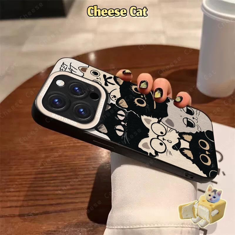 Ốp điện thoại gọng tròn kính mèo đen cho iPhone 16 13 14 15 Plus 11 12 17 Pro Max XR Xs Max 7Plus 6 8 SE
