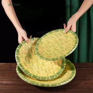 Đĩa thịt nướng DELMER, Đĩa rau củ dệt tre giả Melamine, Đĩa phục vụ nhiều kiểu màu xanh lá cây sáng tạo tại nhà