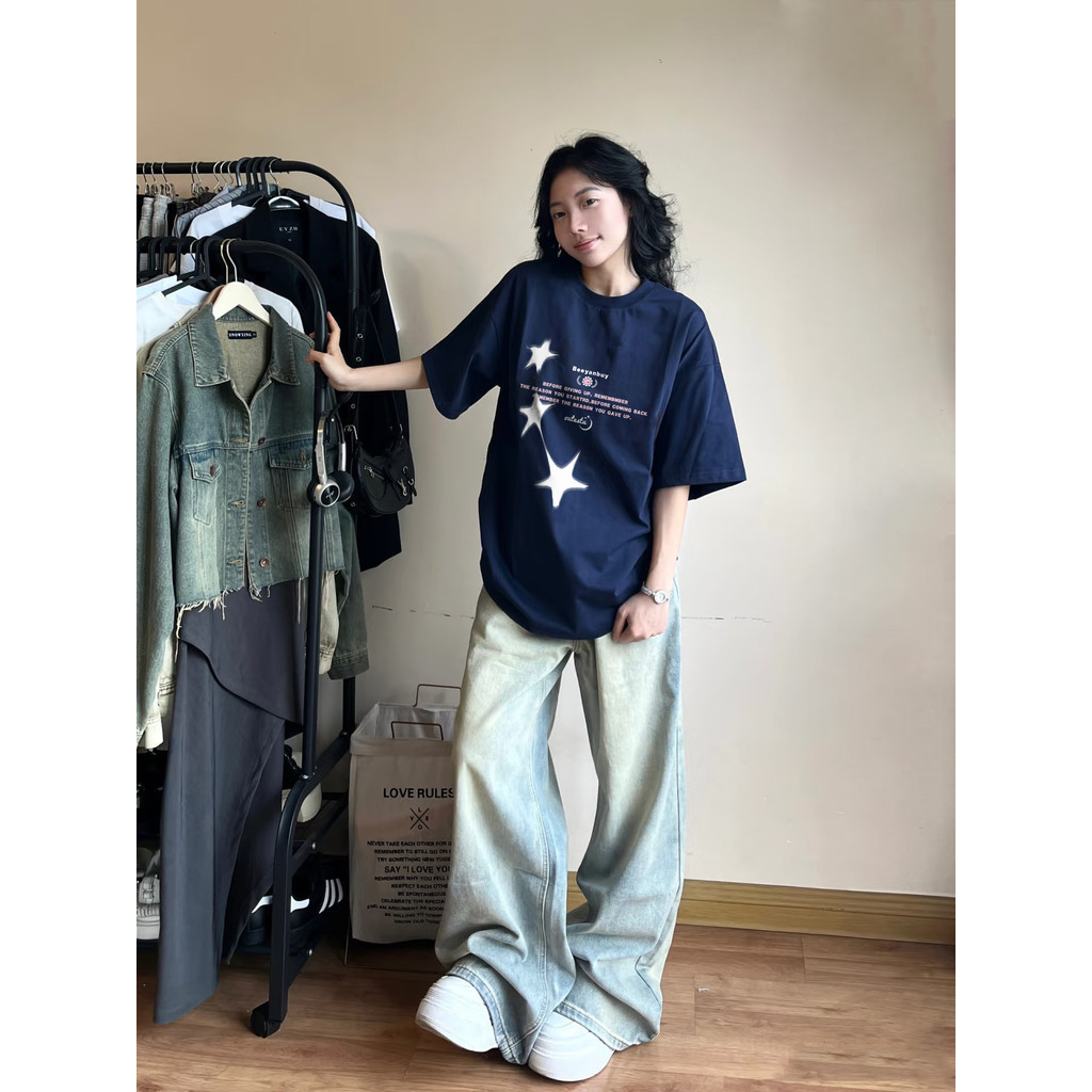 （Giao hàng 24h）Angela áo phông nữ cotton 100% Xanh đậm fashion  form rộng  áo style salute mùa hè  áo thun local brand