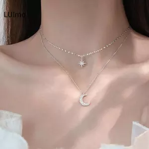 LUImo Thời Trang Đơn Giản Hai Lớp Ngôi Sao Mặt Trăng Mặt Dây Chuyền Nelace Ánh Sáng Sang Trọng Kẻ Sọc Kim Cương Xương Đòn Dây Xích Dành Cho Nữ Trang Sức Thời Trang SBS