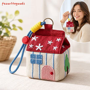 FAVORITEGOODS Ví đựng tiền xu nhà đỏ, Túi đựng tai nghe móc khóa dung lượng lớn Kawaii, Túi trang điểm Mini họa tiết thêu đa năng dễ thương đa năng