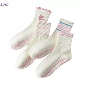 Tất Pilates SAIA dành cho nữ, Tất tập Yoga chống trượt bằng vải Cotton, Tất ống giữa có viền xù thoáng khí chuyên nghiệp để tập thể dục