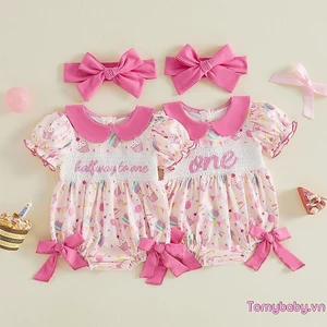 Bé Gái Sinh Nhật Mùa Hè Áo Liền Quần Bánh Bóng In Hình Tay Ngắn Cổ Búp Bê Jumpsuit Có Băng Đô Bộ
