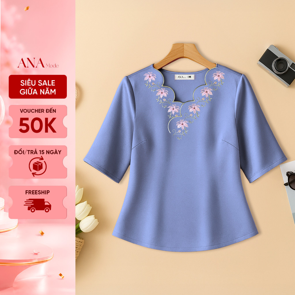 Áo Kiểu Thêu Hoa Trung Niên ANA Mode Chất Liệu Lụa Vân Mờ Thanh Lịch Đi Chơi Quà Tặng Mẹ AK25VHE01