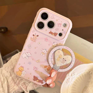 Gương Từ Tính Dễ Thương Giá Đỡ Chó Bên Trái Tim Tình Yêu Ốp Lưng Điện Thoại iPhone 17 Pro Max 16 15 14 13 Vỏ Bảo Vệ Chống Sốc