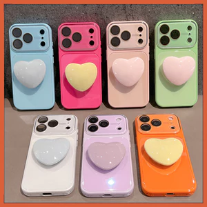 Dành Cho iPhone 17 Pro Max 16 15 14P Thiết Kế Cửa Sổ Lớn Màu Trơn Mặt Sau Kính TPU Chống Sốc Vỏ Điện Thoại Có Phim Camera Trái Tim Tình Yêu Đứng Chống Trầy Xước Vỏ Bảo Vệ Chống Bụi Bẩn