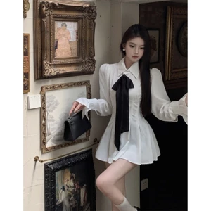 Pháp Nhẹ Nhàng Áo Sơ Mi Dài Tay Đầm Nữ Mùa Thu Trắng Satin Váy Hẹp Ôm Phù Hợp Sang Trọng Váy Chữ a