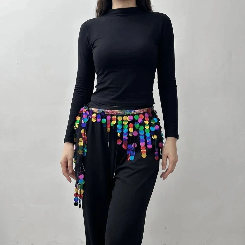 TRACEILLOIAN Tua Rua Quấn Eo, Lưới Đế Vải Có Thể Điều Chỉnh Dây Buộc Sequin Hip Khăn, Hip Hop Tua Rua Dài Viền Bất Đối Xứng Cắt Cymbal Kim Sa Lấp Lánh Sân Khấu Dây Xích Eo Hiệu Suất Kpop