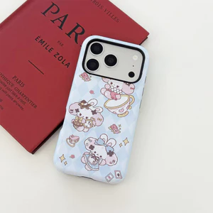 Ốp điện thoại iPhone Alice Bunny nền Argyle màu xanh, chủ đề tiệc trà [1 Ốp điện thoại có thể tháo rời 2 trong 1] Ốp điện thoại có thể tháo rời 2 trong 1 17 / 16 / 15 / 14 / 13 / 12 / 11 Pro Max Plus