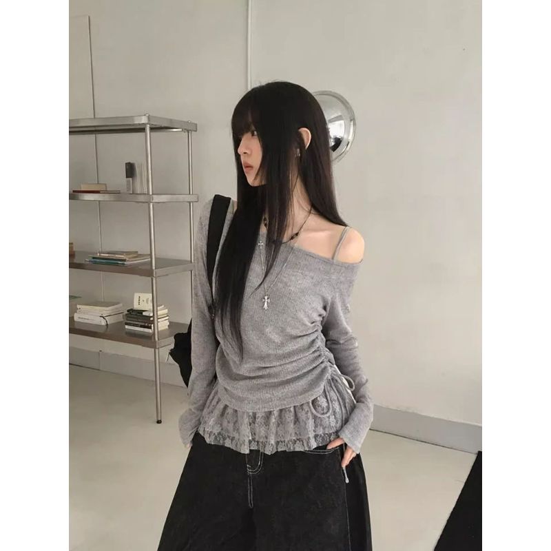 [Giảm giá trong thời gian có hạn] Áo thun dài tay một vai màu xám dành cho nữ mùa xuân Hot Girl Pure Desire Bowknot Pleated Lace Sling Top Bộ hai mảnh