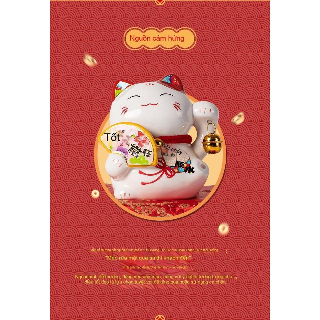 Mèo thần tài mini cao 11cm gốm sứ tượng chiêu tài trang trí bàn làm việc quầy thu ngân quà tân gia