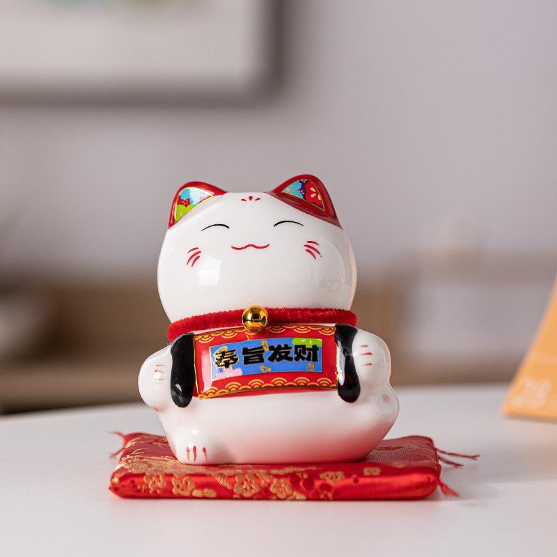 Mèo thần tài mini cao 11cm gốm sứ tượng chiêu tài trang trí bàn làm việc quầy thu ngân quà tân gia