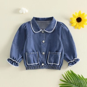 1-6 Tuổi Trẻ Em Bé Gái Mùa Thu Áo Khoác Denim Có Túi Sò Viền Thường Ngày Nút Xuống Búp Bê Cổ Áo Dài Tay