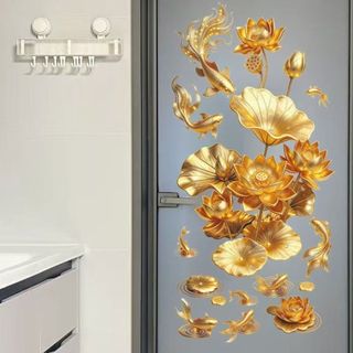 FANGHUI 2 Miếng Dán Hoa Koi, Nhãn Dán Tường Hoa Sen Vàng PVC Phong Cách Trung Hoa, Nhãn Dán Tường Tĩnh Điện Chống Tĩnh Điện Chống Thấm Nước Phòng Tắm Trang Trí Nhà Bếp & Phòng Khách
