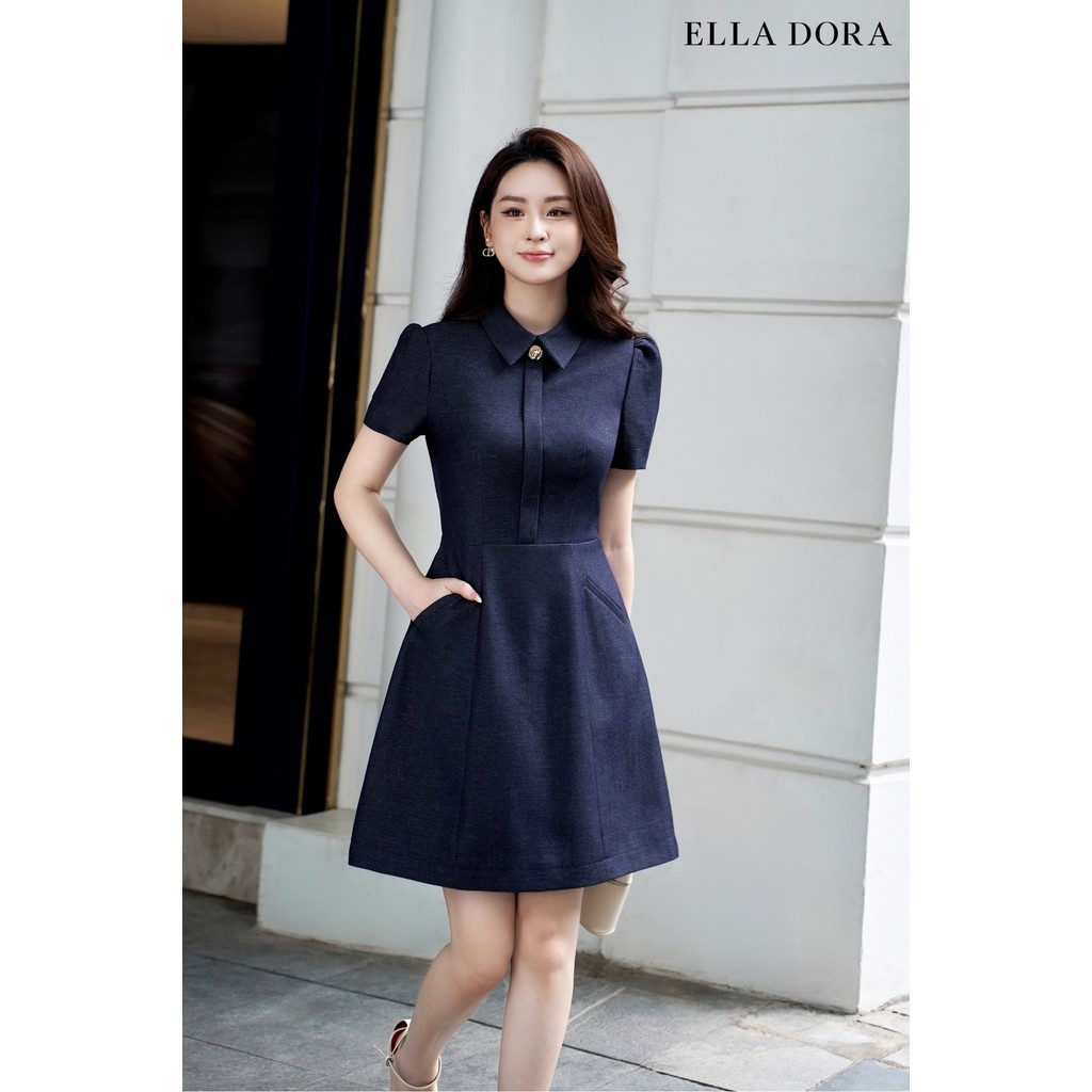 Đầm công sở ELLA DORA thiết kế 1 cúc đồng dáng ngắn thanh lịch hiện đại dễ mặc màu XANH ĐẬM [D245]