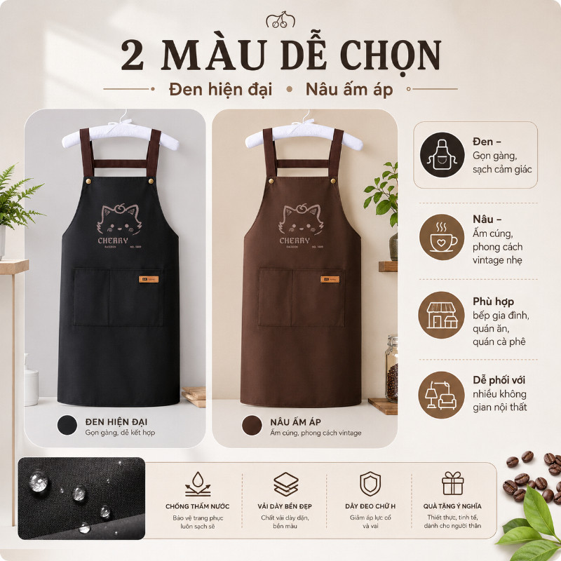 Tạp Dề Nhà Bếp Chống Thấm Dầu & Nước – In Hình Mèo Dễ Thương, Vải Bền Dễ Làm Sạch, Đồng Phục Pha Chế & Phục Vụ Cao Cấp