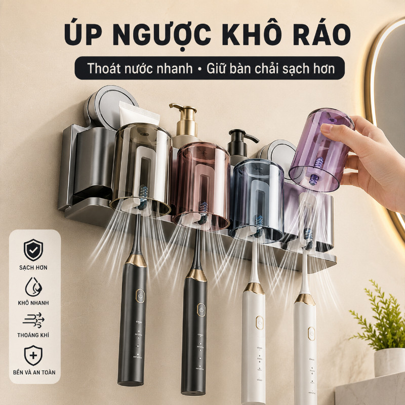 Kệ Để Bàn Chải Hút Chân Không - Tổ Chức Nhà Tắm Gọn, Chất Liệu ABS & Thép Carbon, Lắp Đặt Dễ Không Khoan