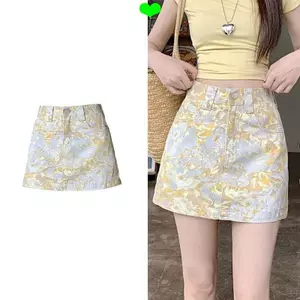 Hàng sẵn có in hình Tie-Dye Váy Denim nữ màu vàng eo cao ôm hơn Váy hông chữ a