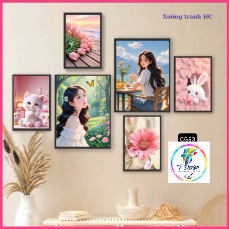 Bộ 6 tranh decor phòng ngủ fomex 5mm, đi kèm băng keo lụa bóng dễ dàng trang trí.